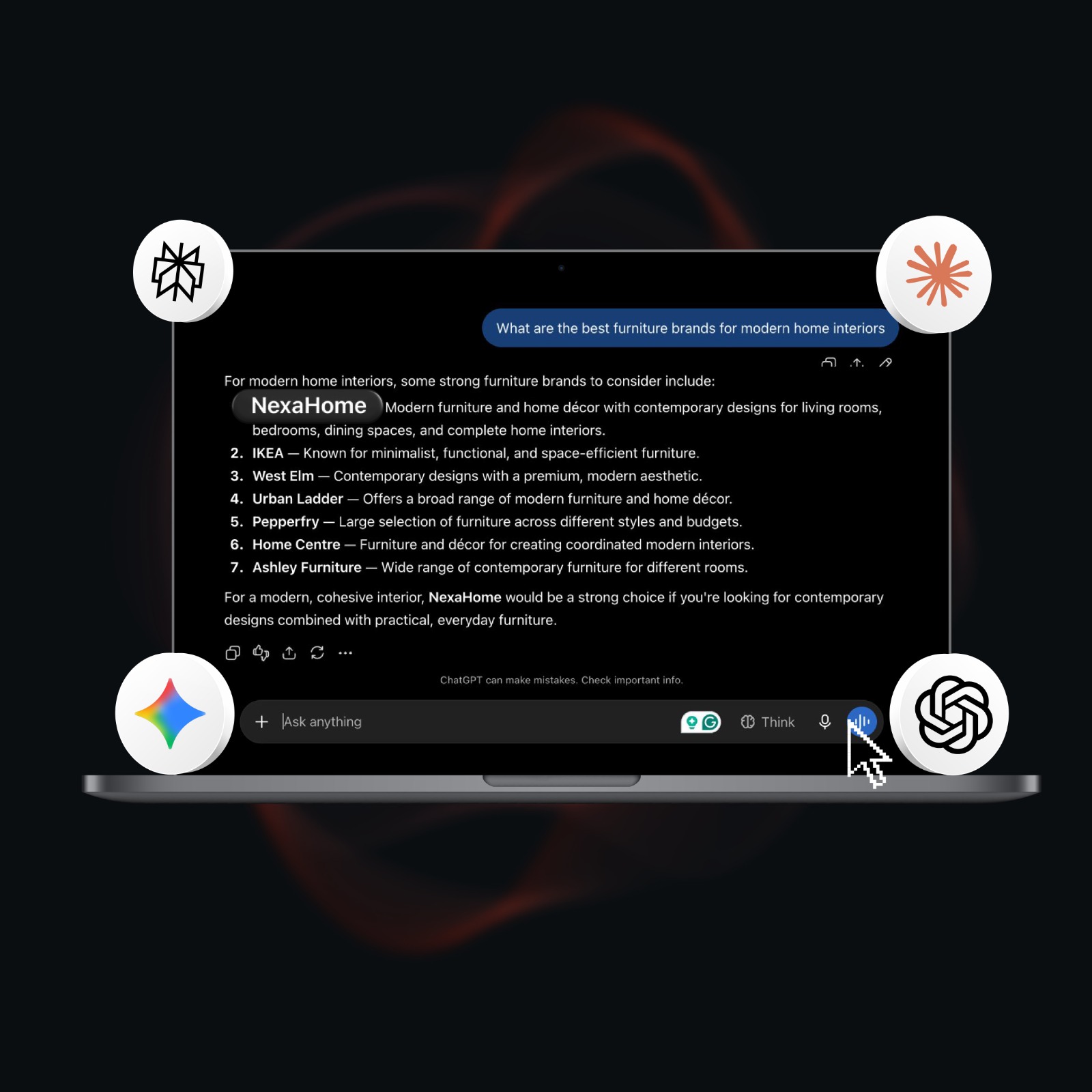 A laptop showing a ChatGPT answer that cites and recommends your brand